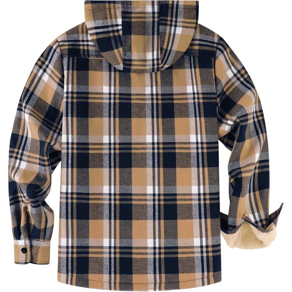 Mens Hooded Deep Blue Plaid Fleece-Lined Zip-Up Jacket Warm Winter Flannel Coat - Picture 2 of 5